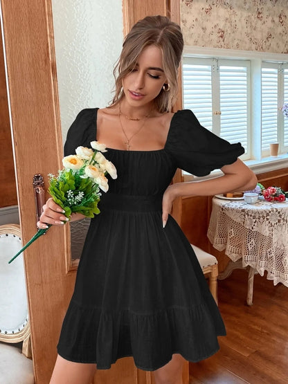 Square Neck Puff Sleeve Mini Dress Black