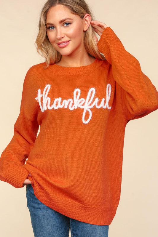 Haptics Full Size Metallic Glitter Embroidery Sweater Orange-Red