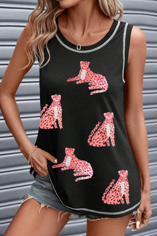 Leopard Round Neck Tank Black