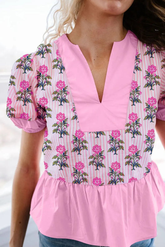 Floral Notched Peplum Blouse Pink