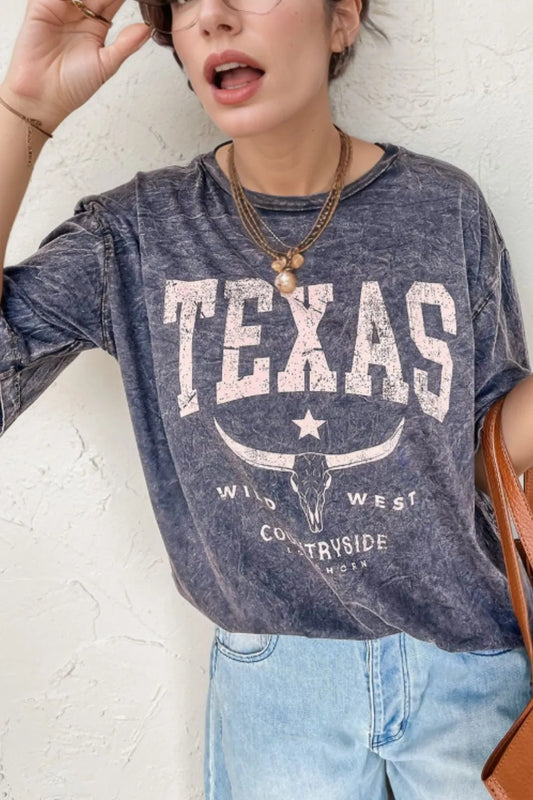 TEXAS Steer Head Graphic Mineral Wash Oversized T-Shirt Gray