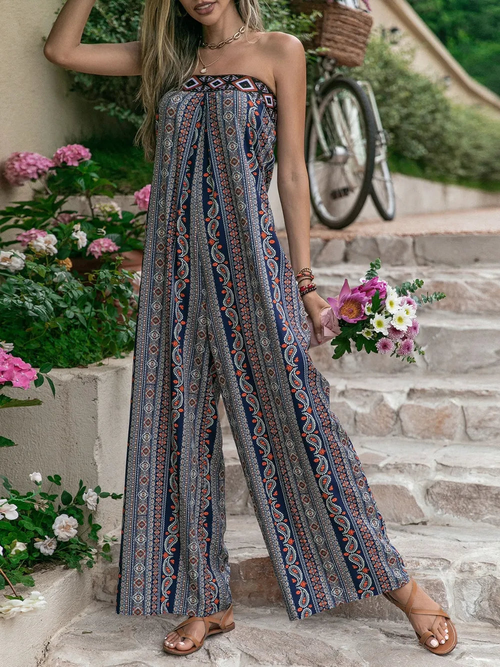 Tied Printed Tube Wide Leg Jumpsuit Black