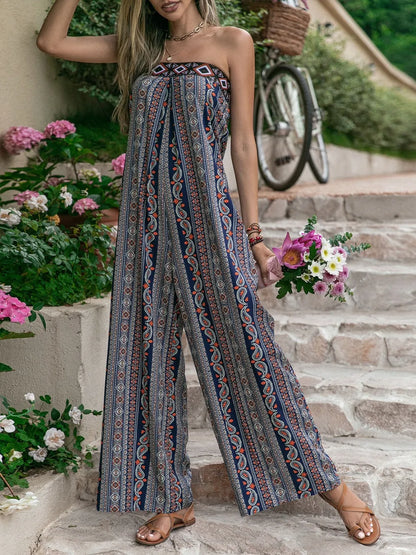 Tied Printed Tube Wide Leg Jumpsuit Black