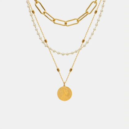 Synthetic Pearl Titanium Steel Three-Layered Necklace Gold One Size