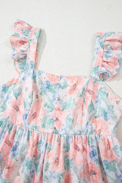 Floral Colorblock Flutter Straps Flowy Dress