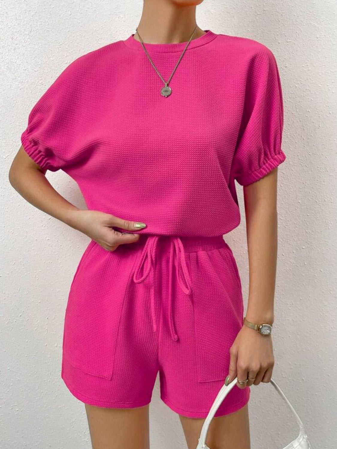 Waffle-Knit Round Neck T-Shirt and Pocketed Shorts Lounge Set Hot Pink