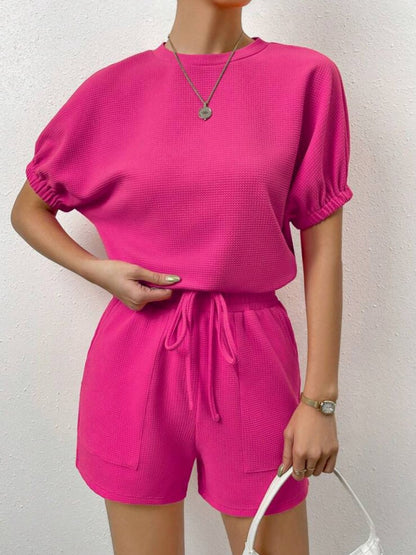 Waffle-Knit Round Neck T-Shirt and Pocketed Shorts Lounge Set Hot Pink