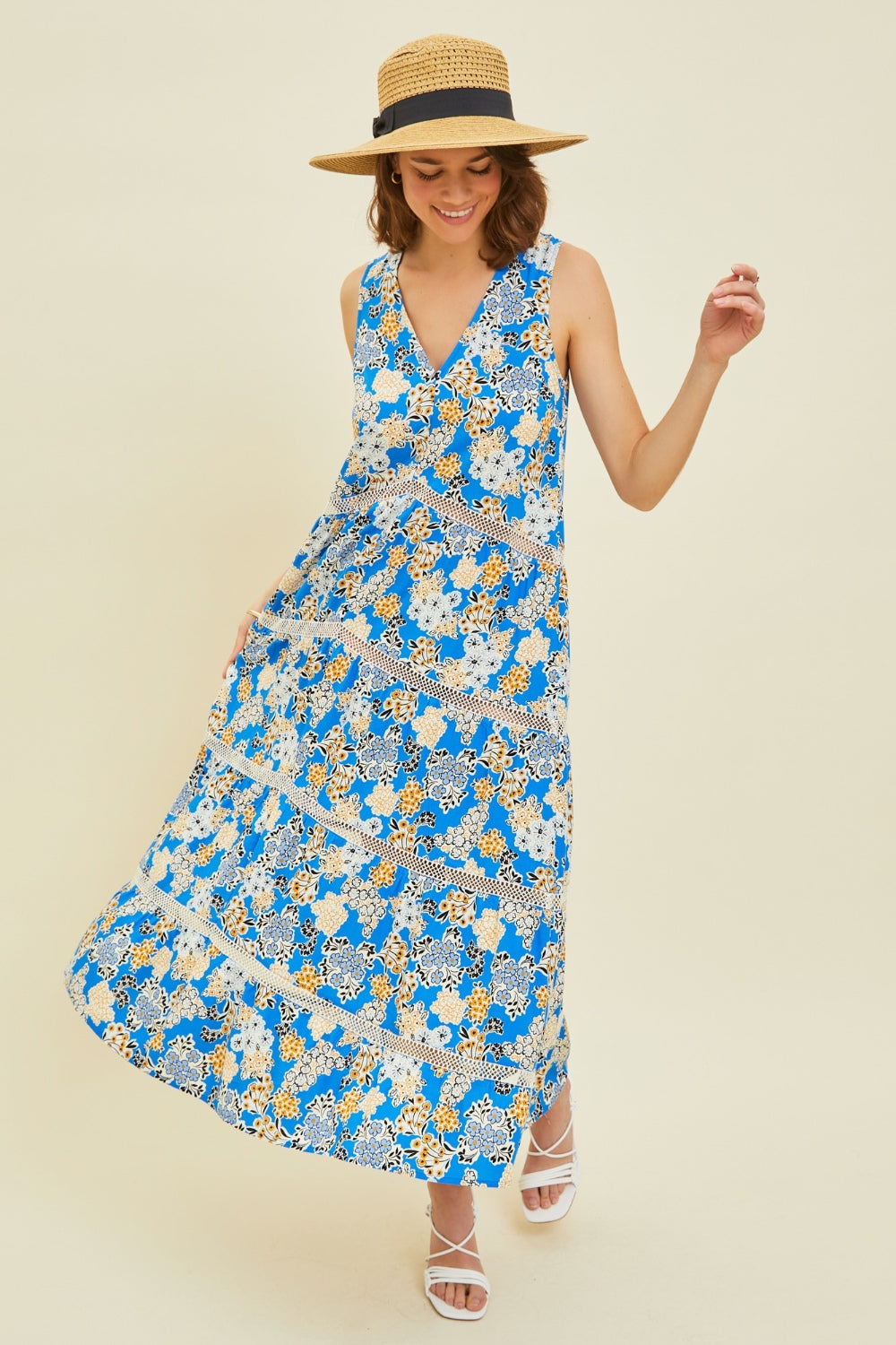 HEYSON Full Size Printed Crochet Trim Maxi Dress Pool Blue