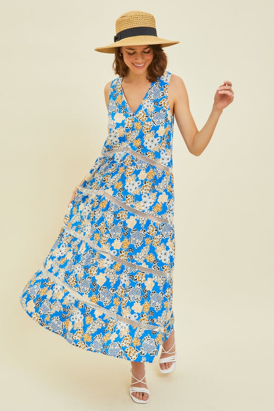 HEYSON Full Size Printed Crochet Trim Maxi Dress Pool Blue