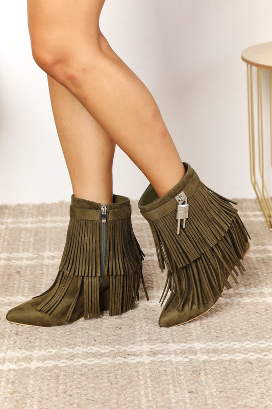 Legend Women's Tassel Wedge Heel Ankle Booties Olive