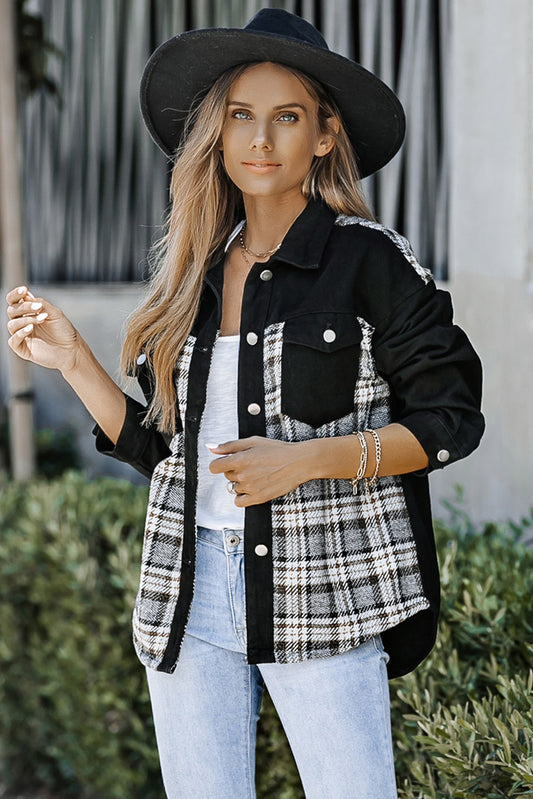 Plaid Pocketed Button Up Denim Jacket Black