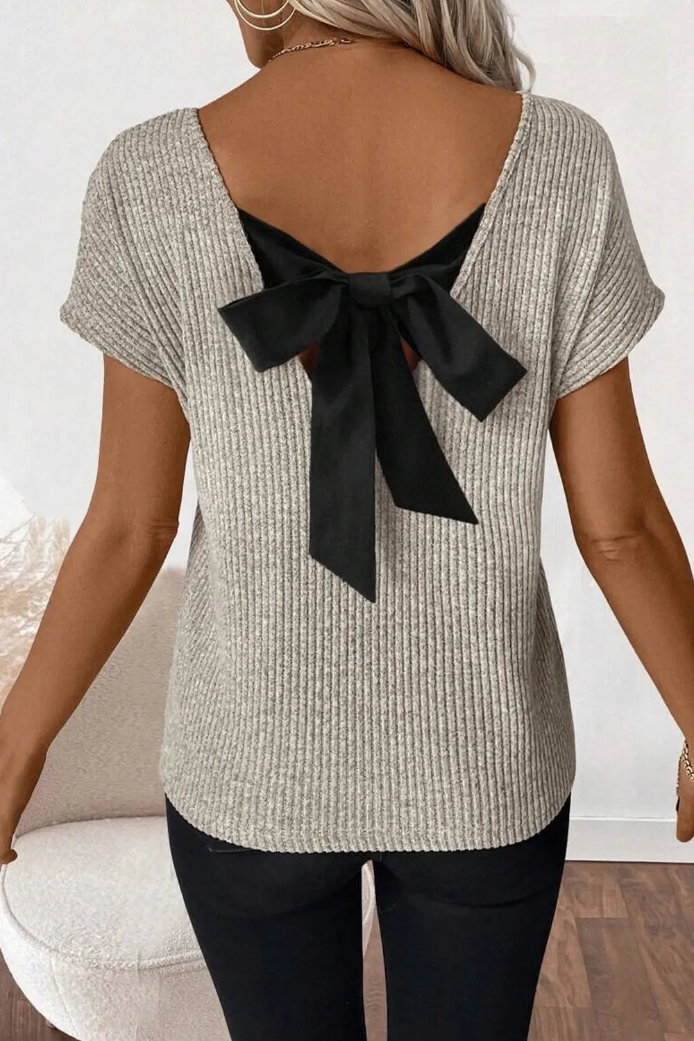 Back Bow Tie Ribbed Knit Top