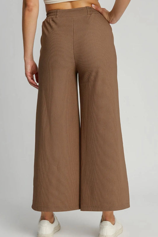 Umgee Full Size Ribbed Knit Elastic Waistband Wide Leg Pants Plus Size