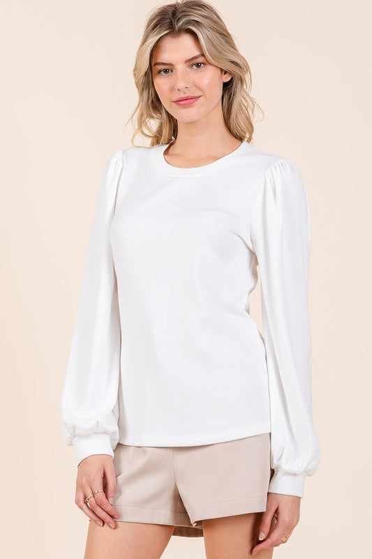 Mittoshop Round Neck Long Sleeve Rib Knit Top Ivory