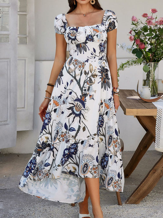 Devine Smocked Printed Short Sleeve Maxi Dress White