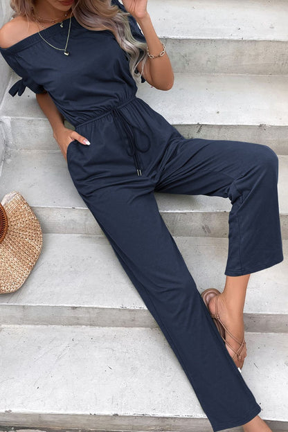 Perfee Off-Shoulder Tie Cuff Jumpsuit with Pockets