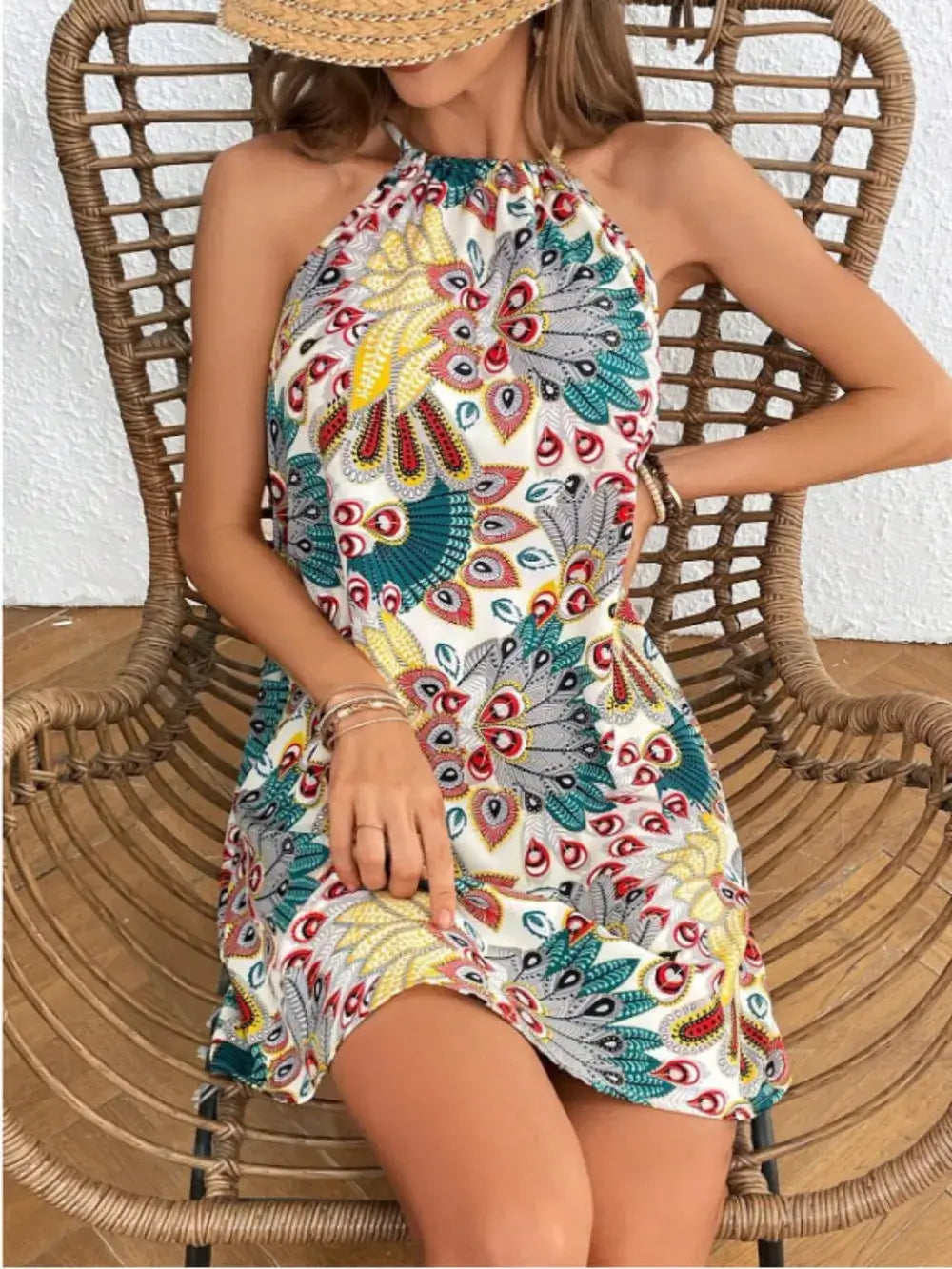 Printed Grecian Neck Mini Dress Turquoise