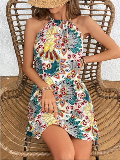 Printed Grecian Neck Mini Dress Turquoise
