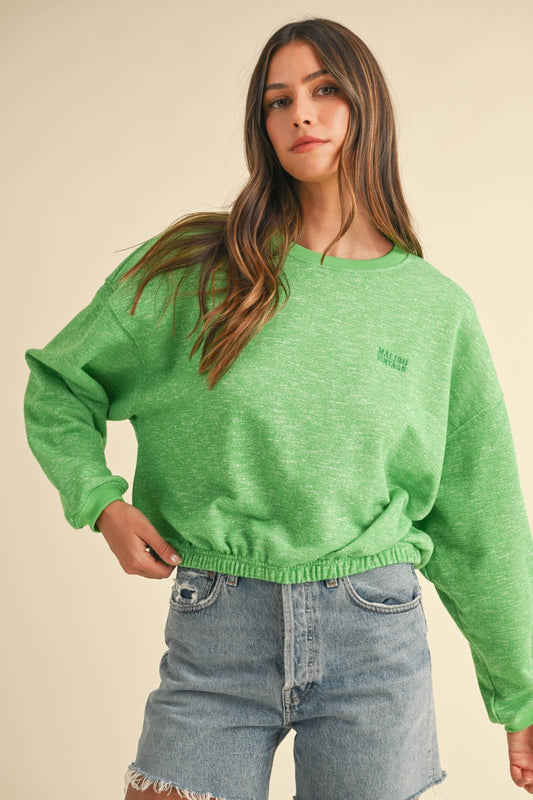 Mable Round Neck Letter Embroidery Crop Sweatshirt Apple Green