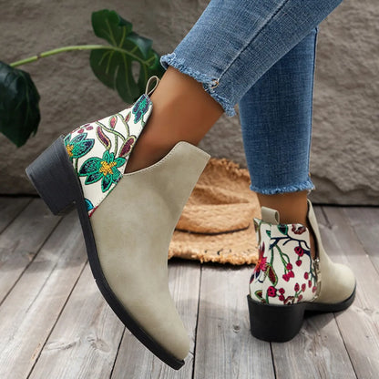 Point Toe Block Heels Boots Beige