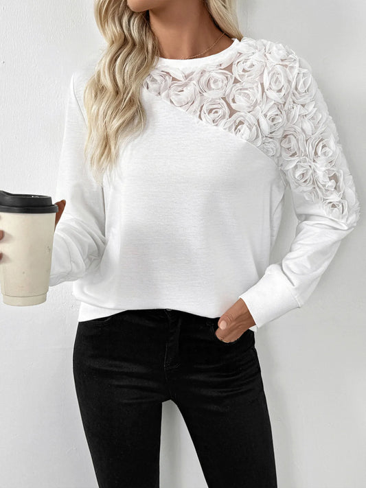Rose Embroidered Long Sleeve Sweatshirt White