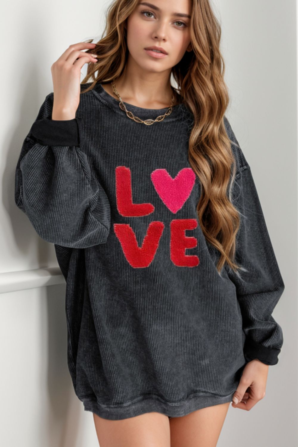 Valentine’s Day LOVE Round Neck Long Sleeve Sweatshirt Black