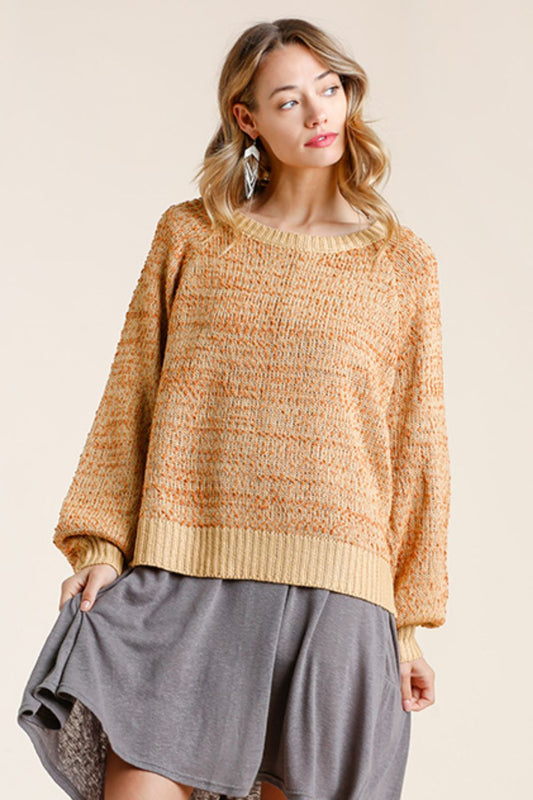 Umgee Full Size Ribbed Hem Round Neck Long Sleeve Popcorn Sweater Plus Size Sherbet