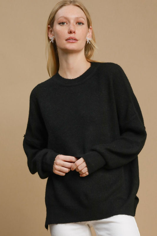 Umgee Full Size Side Slit Wool Blend Round Neck Sweater Plus Size Black