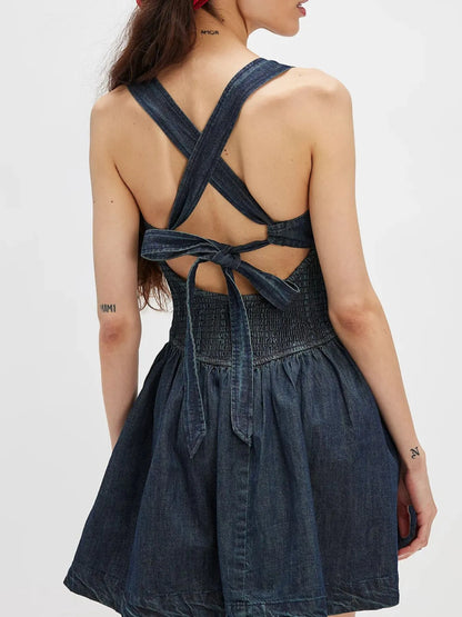 Smocked Crisscross Back Denim Mini Dress