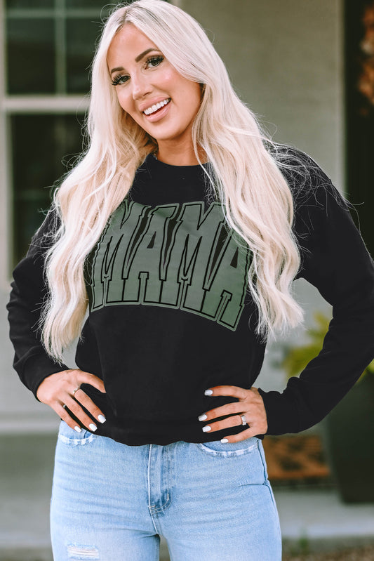 Round Neck Long Sleeve MAMA Graphic Sweatshirt Black