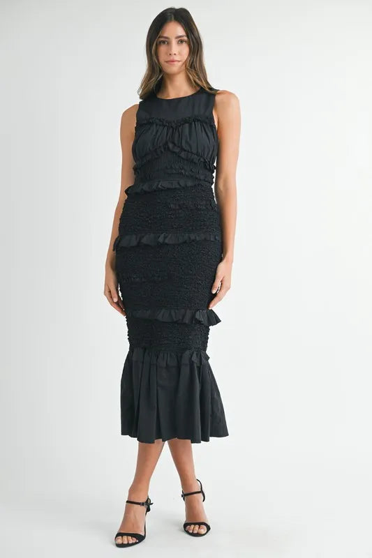 MABLE Ruffled Popcorn Smocked Mermaid Midi Dress Black