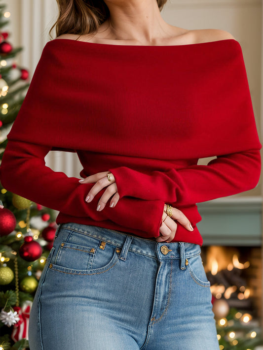 Off-Shoulder Long Sleeve Sweater Orange-Red One Size