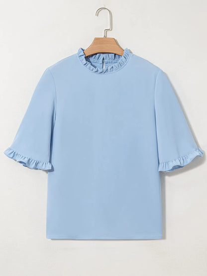 Frill Solid Round Neck Half Sleeve Blouse