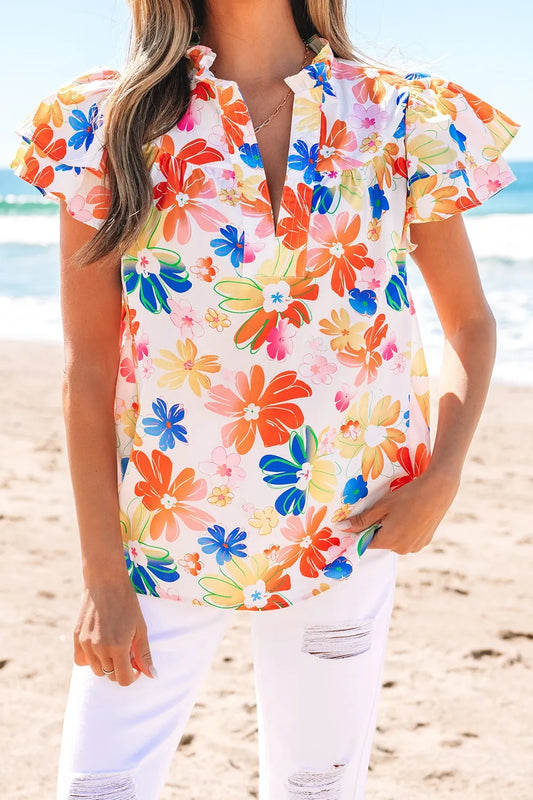 Ruffled Printed Notched Cap Sleeve Blouse Floral