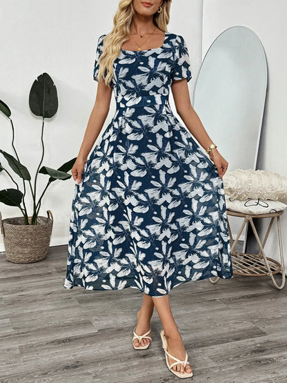 Printed Square Neck Midi Dress Dusty Blue