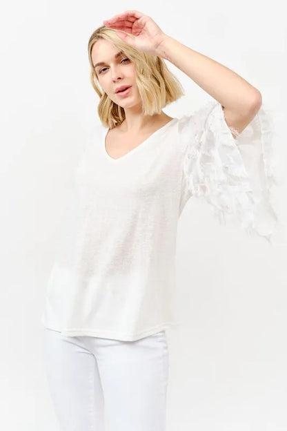 And The Why Feather Detailed 3/4 Sleeve Slub Top