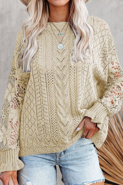 Openwork Round Neck Long Sleeve Sweater Beige