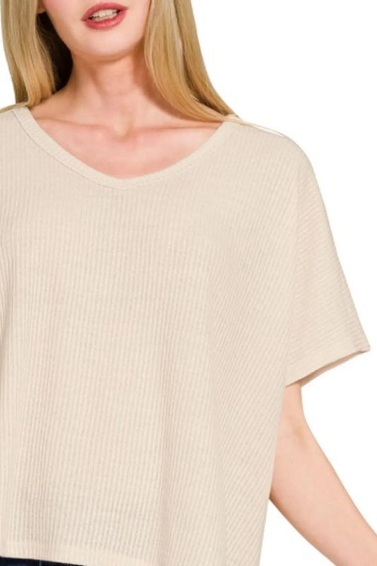 Zenana Ribbed V-Neck Short-Sleeve Knit Top