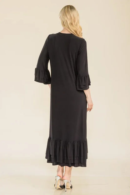 Celeste Full Size Modest Midi Dress with 3/4 Ruffle Bell Sleeves Plus Size