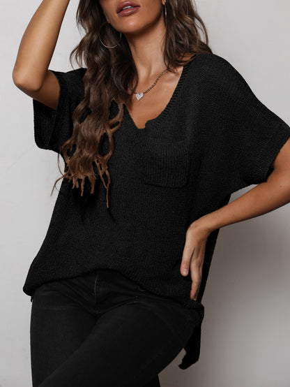 V-Neck Slit High-Low Knit Top Black