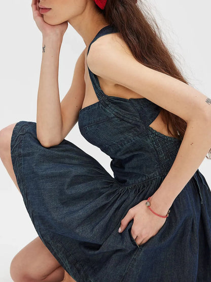 Smocked Crisscross Back Denim Mini Dress
