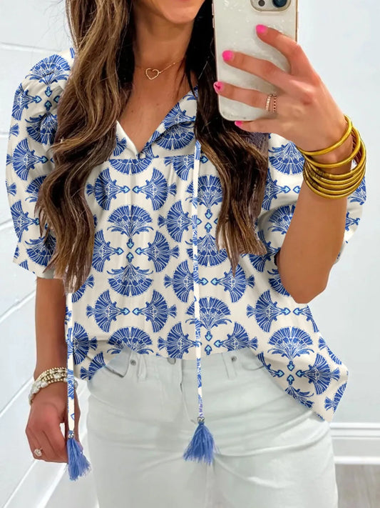 Printed Tassel Tie Neck Blouse Sky Blue