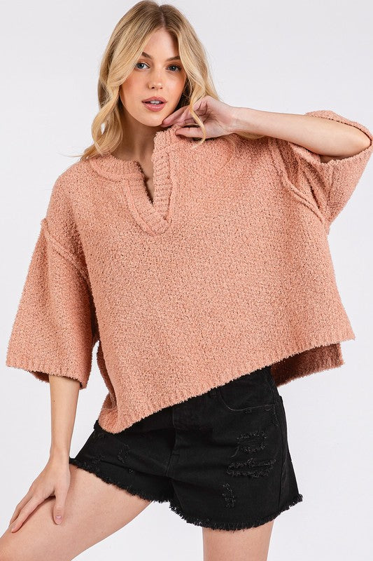 Mittoshop Side Slit Notched Drop Shoulder Sweater Rosewood