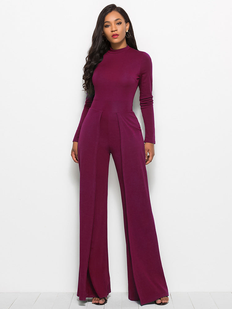Long Sleeve Mock Neck Wide Leg Jumpsuit Wine