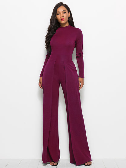 Long Sleeve Mock Neck Wide Leg Jumpsuit Wine