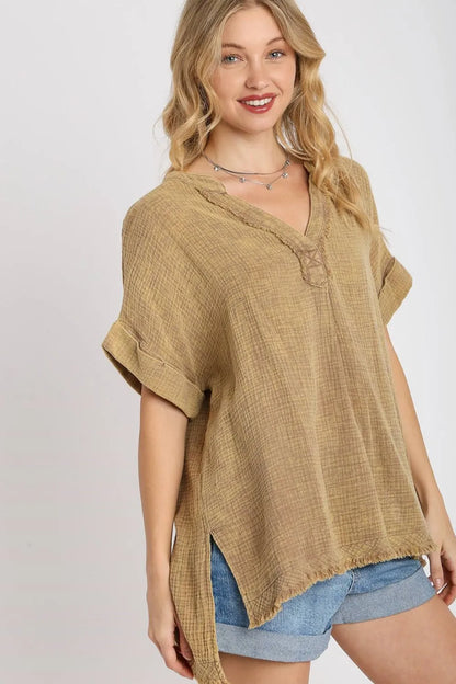 Umgee Full Size Side Slit Notched Mineral Wash Gauze Fabric Top Plus Size Camel