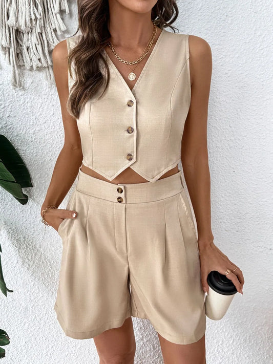 V-Neck Vest and Shorts Set Tan