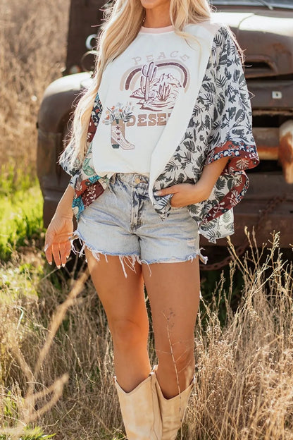Peace Desert Graphic Asymmetric Printed Patchwork Sleeve Top