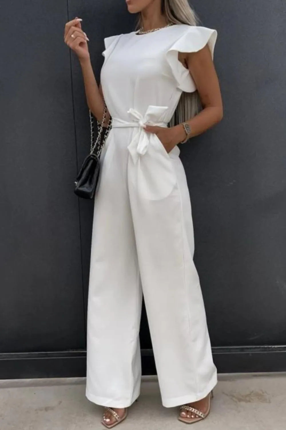 Round Neck Cap Sleeve Jumpsuit White