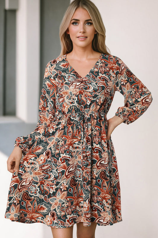 Printed V-Neck Mini Dress Multicolor